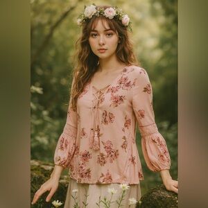 Skylar + Jade Pink Floral Small Tie Neck Boho Top Size Small Fairy Feminine